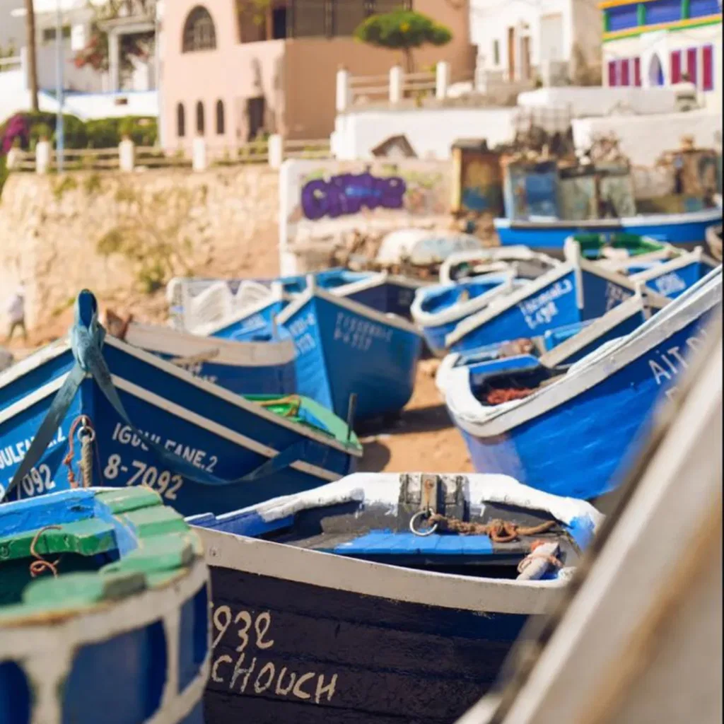 Bateaux de pêche marocains peints en bleu profond et blanc