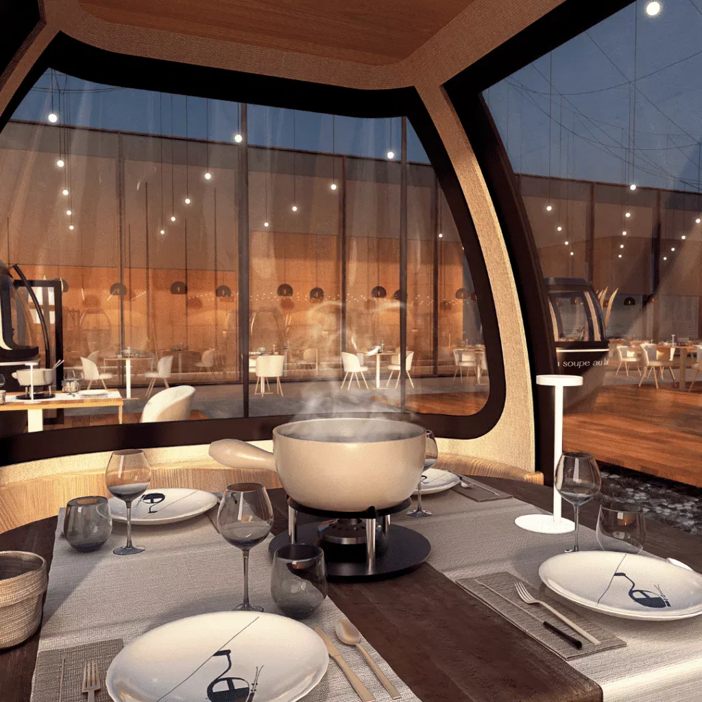 Inside a converted gondola set up for a fondue dinner