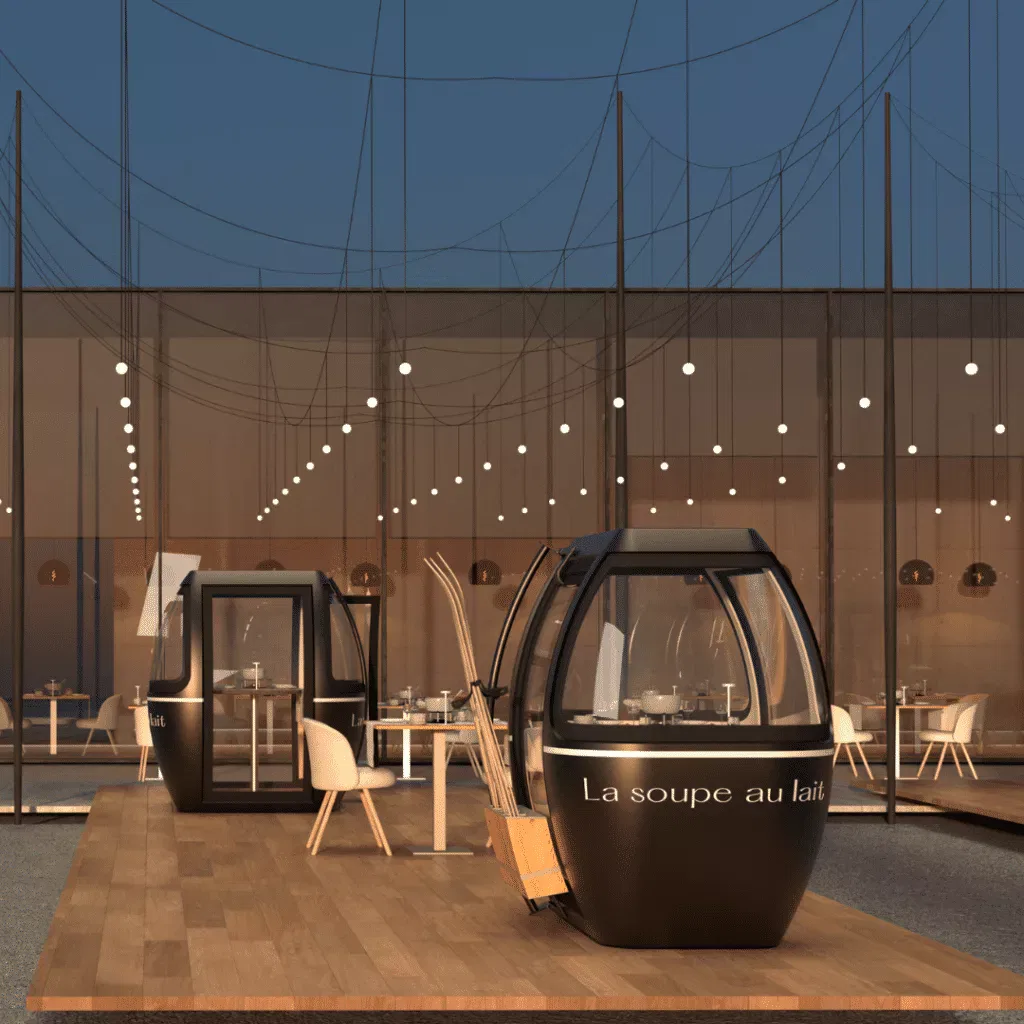 Restaurant interior with refurbished gondolas as private dining booths